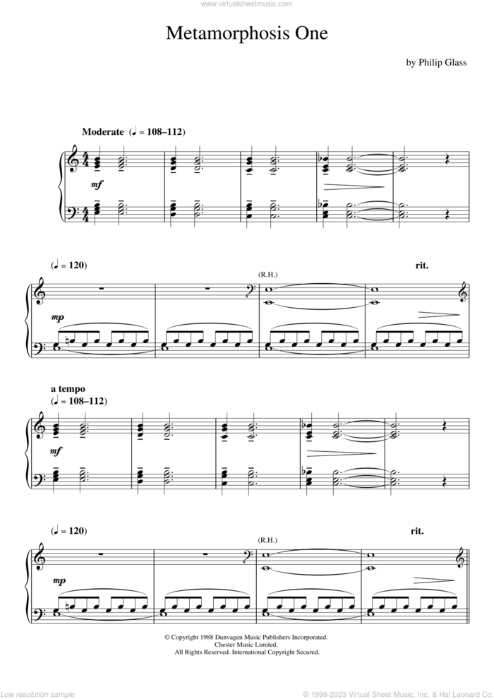Metamorphosis 1-5 (Complete) sheet music for piano solo by Philip Glass, classical score, intermediate skill level