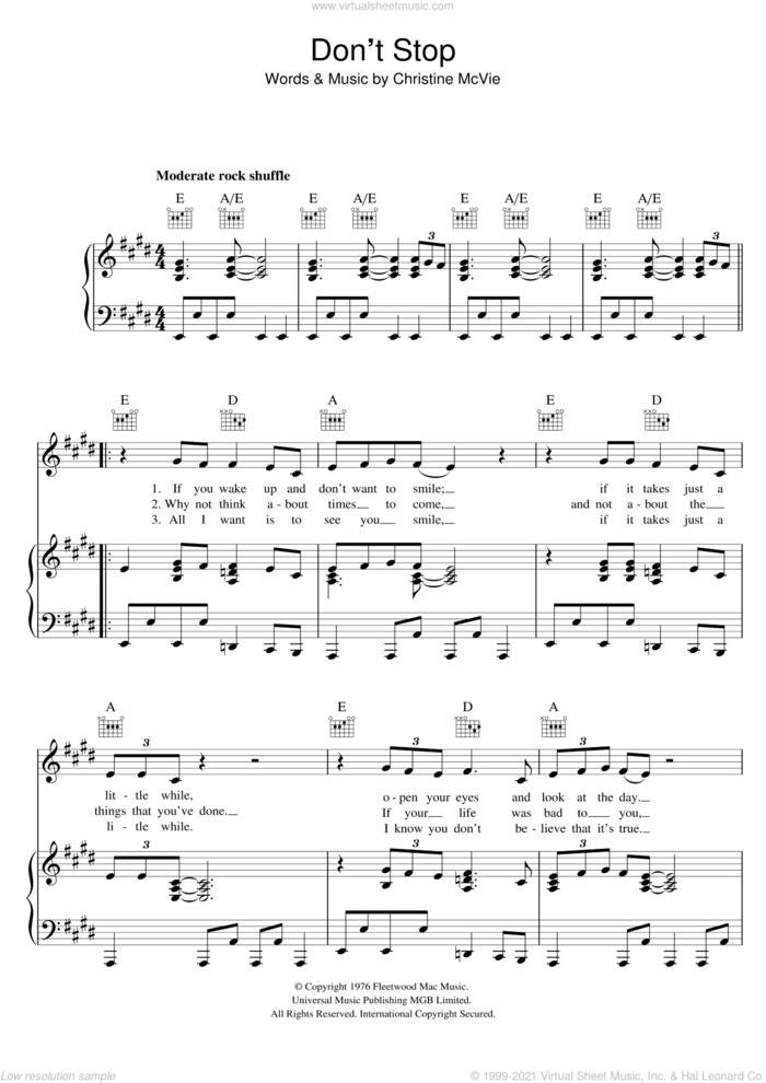 Don't Stop sheet music for voice, piano or guitar by Fleetwood Mac and Christine McVie, intermediate skill level