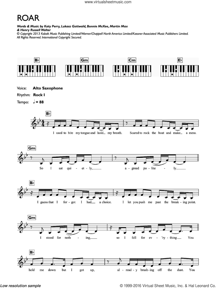 Roar sheet music for piano solo (keyboard) by Katy Perry, Bonnie McKee, Henry Russell Walter, Lukasz Gottwald and Martin Max, intermediate piano (keyboard)