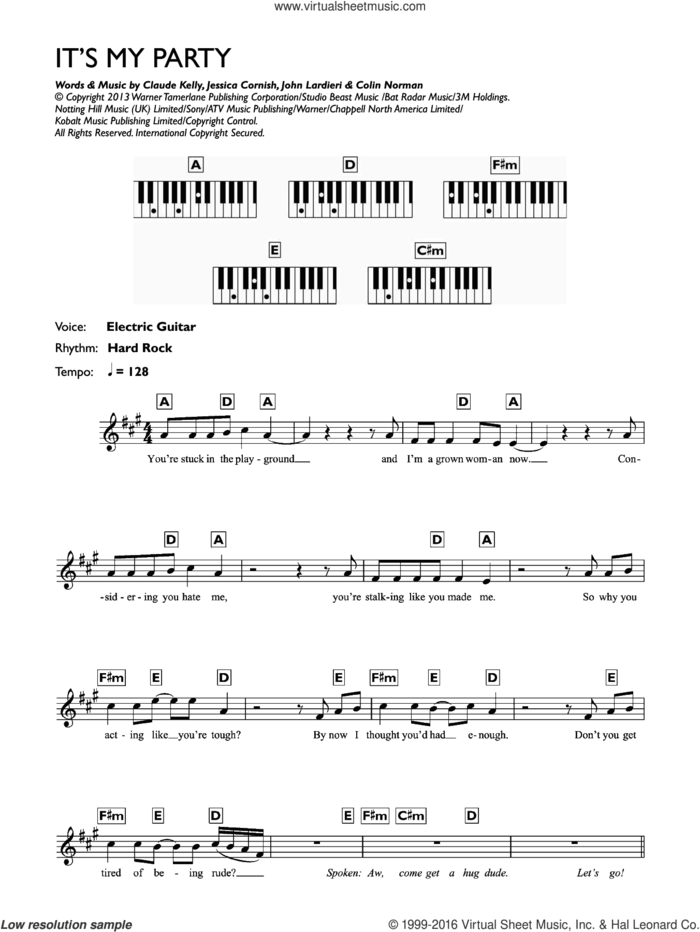 It's My Party sheet music for piano solo (chords, lyrics, melody) by Jessie J, Claude Kelly, Colin Norman, Jessica Cornish and John Lardieri, intermediate piano (chords, lyrics, melody)