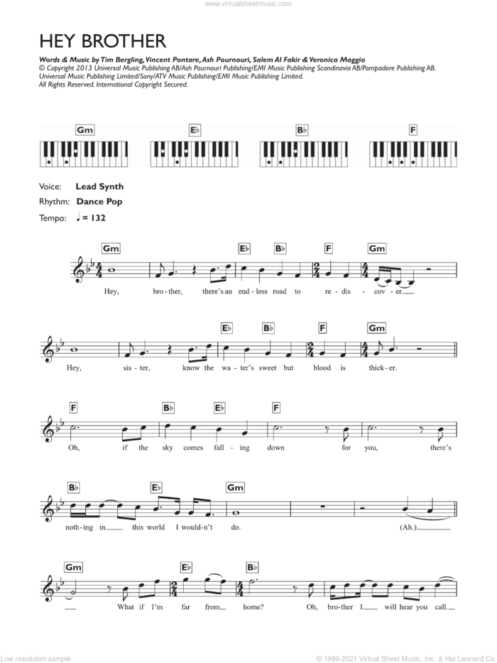 Hey Brother sheet music for piano solo (chords, lyrics, melody) by Avicii, Ash Pournouri, Salem Al Fakir, Tim Bergling, Veronica Maggio and Vincent Pontare, intermediate piano (chords, lyrics, melody)
