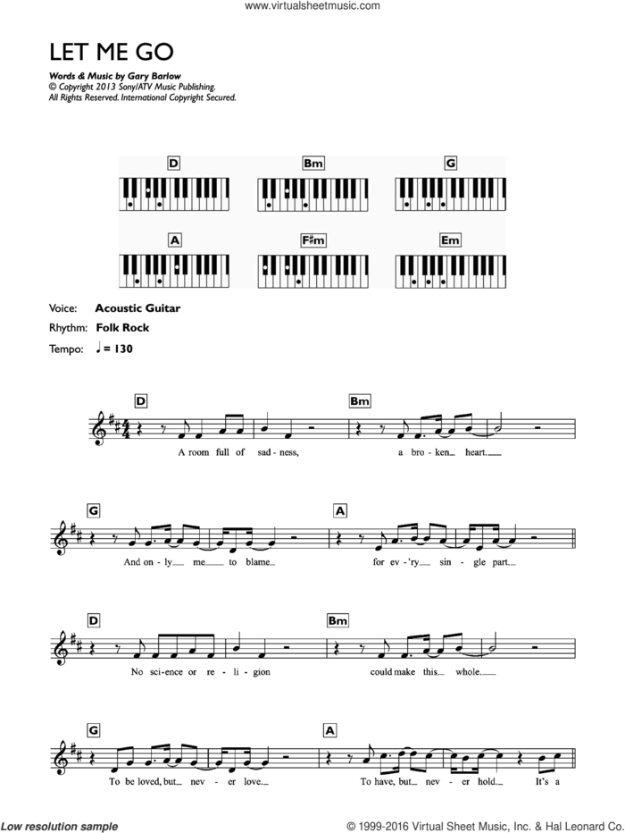 Let Me Go sheet music for piano solo (chords, lyrics, melody) by Gary Barlow, intermediate piano (chords, lyrics, melody)