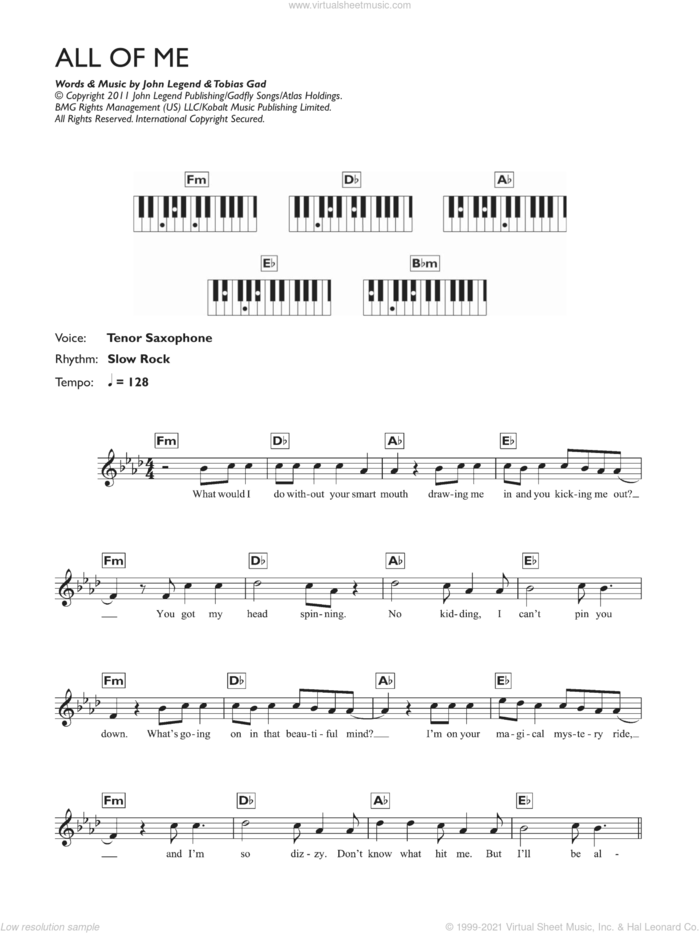 All Of Me sheet music for piano solo (keyboard) by John Legend and Toby Gad, intermediate piano (keyboard)