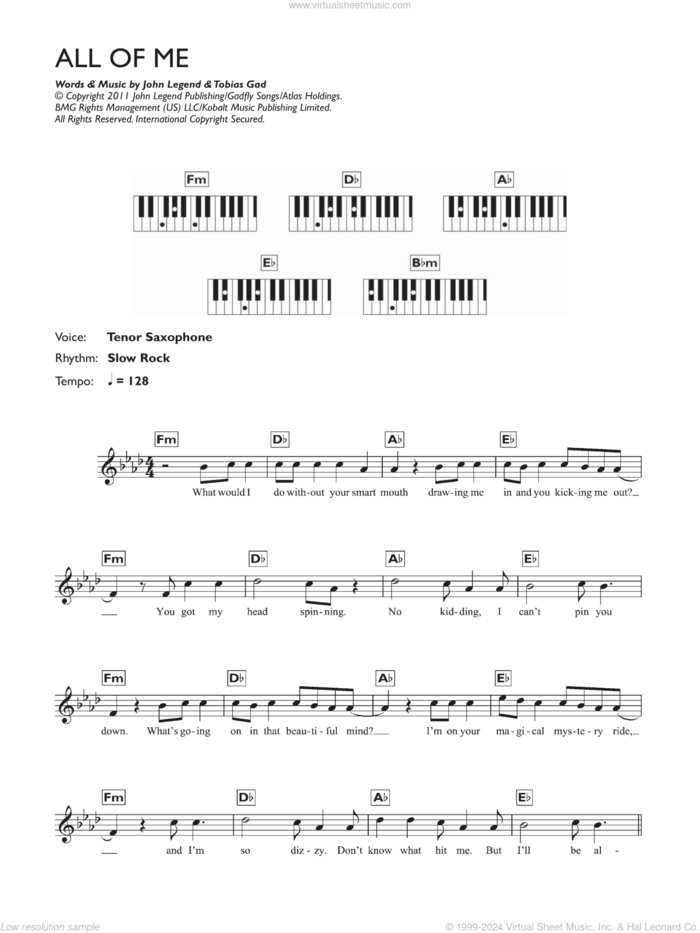 All Of Me sheet music for piano solo (keyboard) by John Legend and Toby Gad, wedding score, intermediate piano (keyboard)