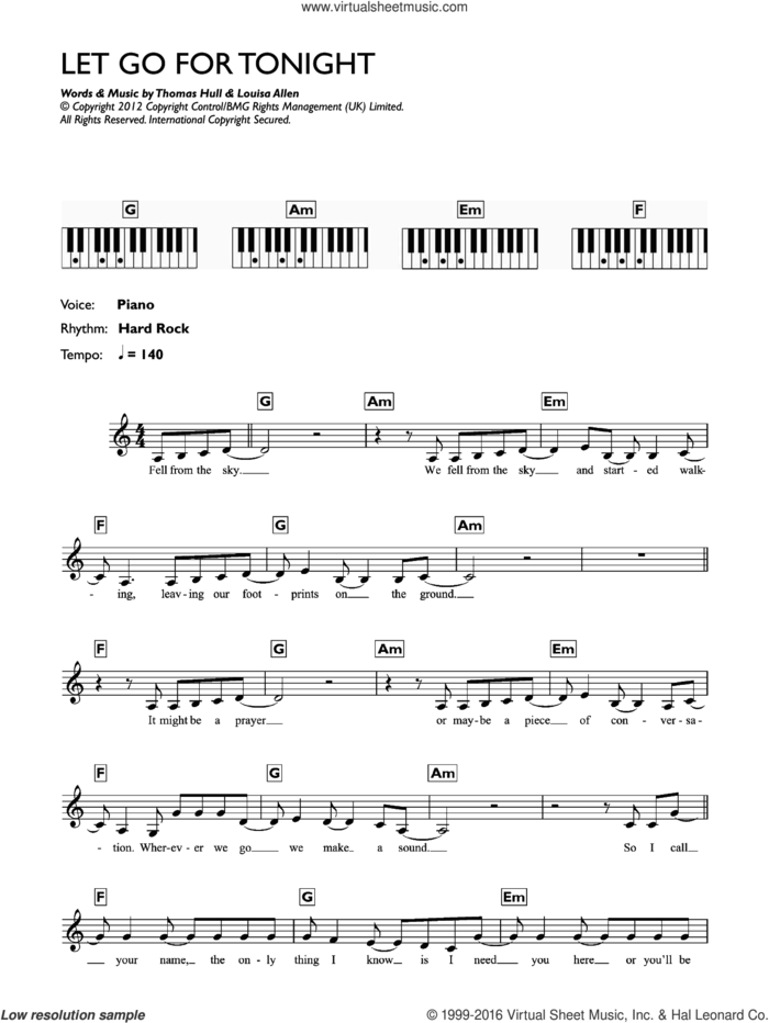 Let Go For Tonight sheet music for piano solo (chords, lyrics, melody) by Foxes, Louisa Allen and Tom Hull, intermediate piano (chords, lyrics, melody)