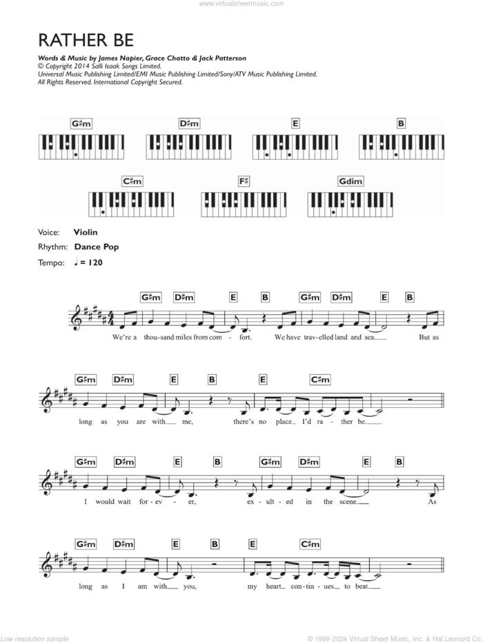 Rather Be sheet music for piano solo (chords, lyrics, melody) by Clean Bandit, Grace Chatto, Jack Patterson and James Napier, intermediate piano (chords, lyrics, melody)