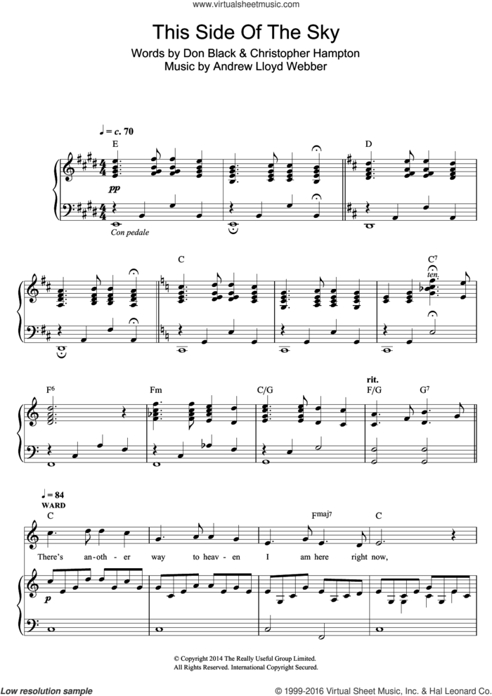 This Side Of The Sky (from 'Stpehen Ward') sheet music for voice and piano by Andrew Lloyd Webber, Christopher Hampton and Don Black, intermediate skill level