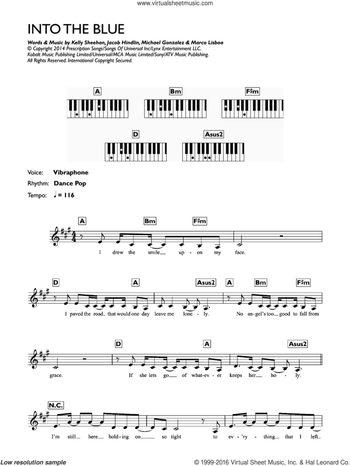 Into The Blue sheet music for piano solo (chords, lyrics, melody) by Kylie Minogue, Jacob Hindlin, Kelly Sheehan, Marco Lisboa and Michael Gonzalez, intermediate piano (chords, lyrics, melody)