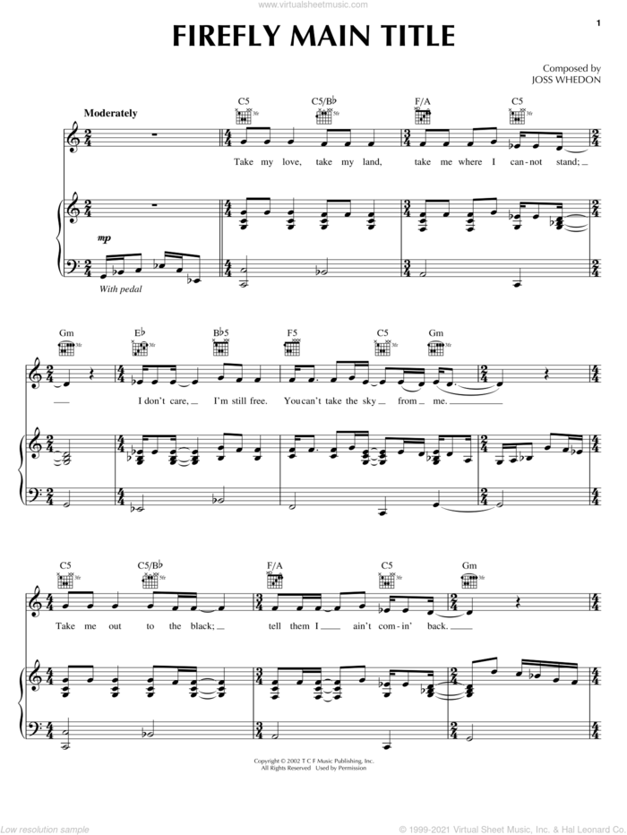 Firefly Main Title sheet music for voice, piano or guitar by Greg Edmonson, Firefly (TV Series) and Joss Whedon, intermediate skill level