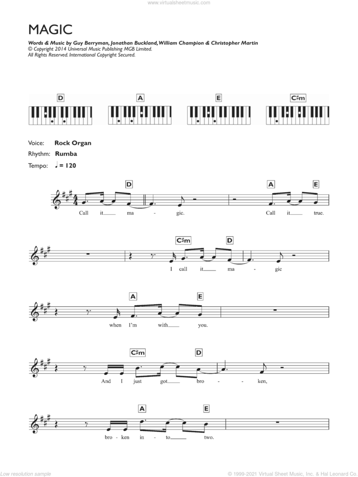 Magic sheet music for piano solo (chords, lyrics, melody) by Coldplay, Christopher Martin, Guy Berryman, Jonathan Buckland and William Champion, intermediate piano (chords, lyrics, melody)
