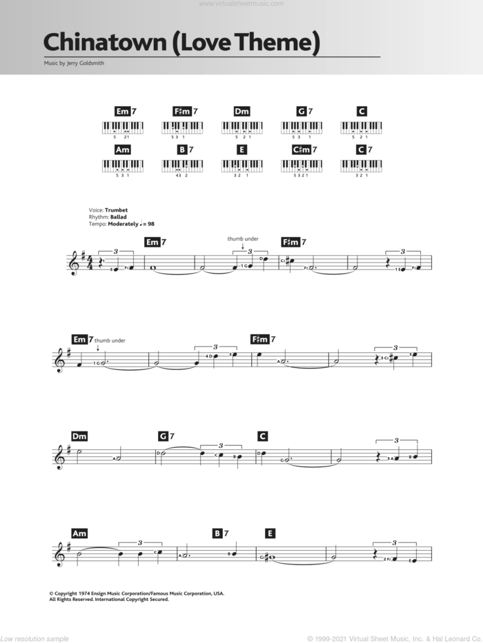 Chinatown (Love Theme/Jake And Evelyn) sheet music for piano solo (chords, lyrics, melody) by Jerry Goldsmith, intermediate piano (chords, lyrics, melody)