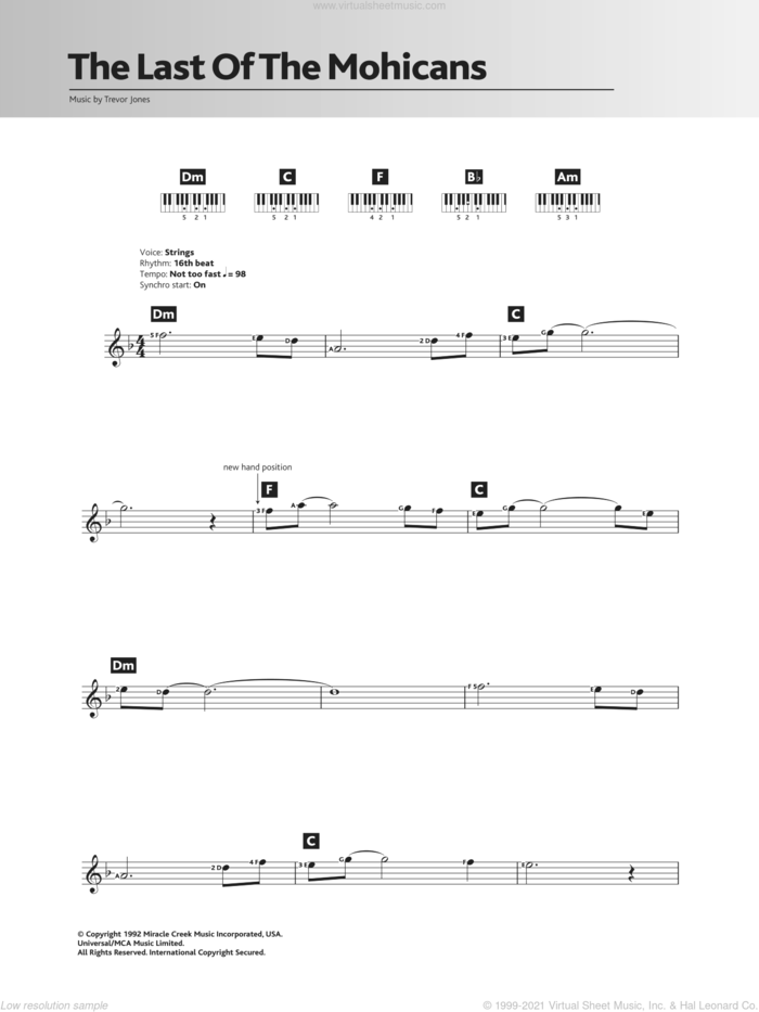 The Last Of The Mohicans (Main Title) sheet music for piano solo (chords, lyrics, melody) by Trevor Jones, intermediate piano (chords, lyrics, melody)