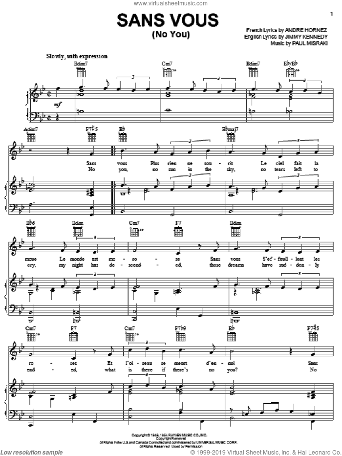 Sans Vous (No You) sheet music for voice, piano or guitar by Jimmy Kennedy, Andre Hornez and Paul Mizraki, intermediate skill level