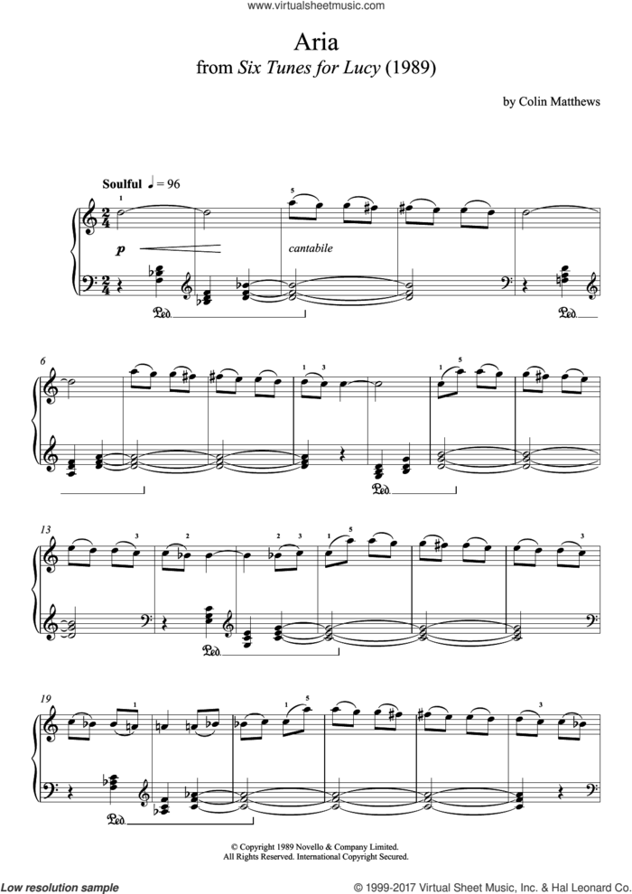 Aria (From Six Tunes For Lucy) sheet music for piano solo by Colin Matthews, classical score, intermediate skill level