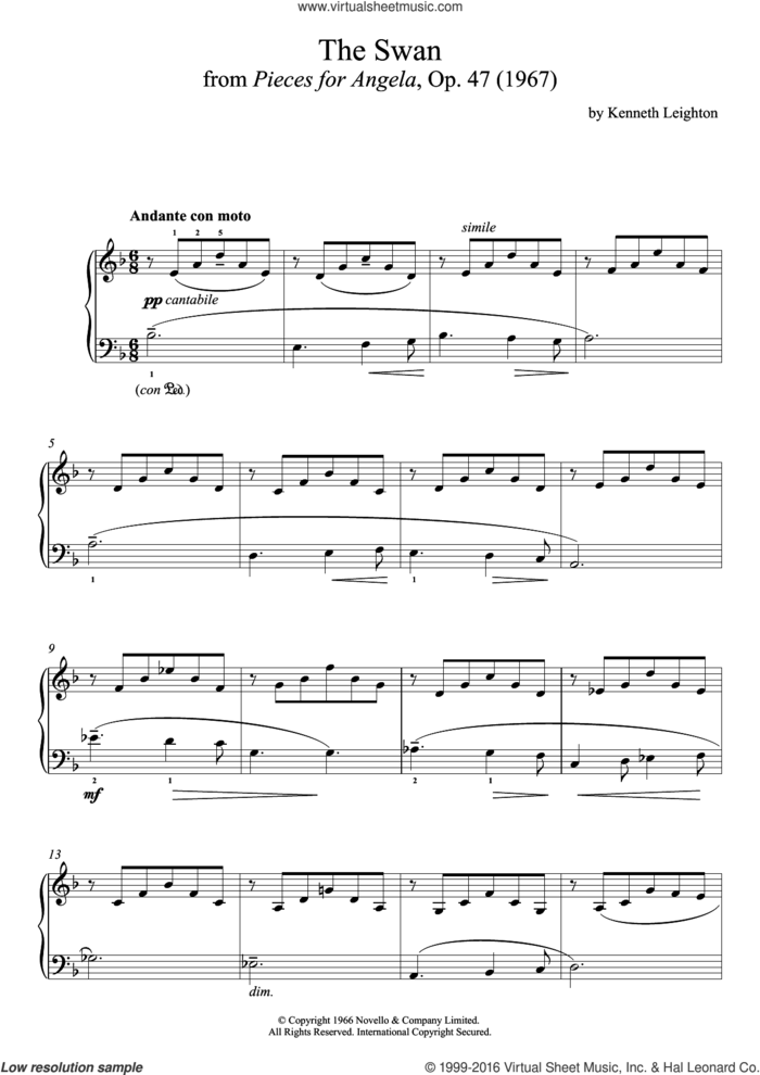 The Swan (From Pieces For Angela) sheet music for piano solo by Kenneth Leighton, classical score, intermediate skill level
