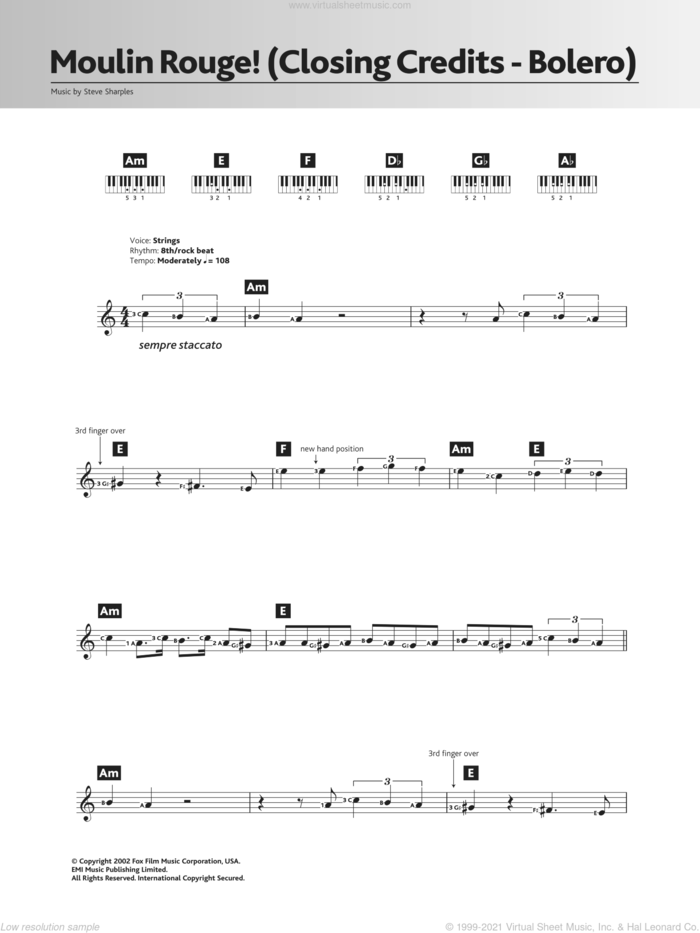 Bolero (Closing Credits from 'Moulin Rouge') sheet music for piano solo (chords, lyrics, melody) by Steve Sharples, intermediate piano (chords, lyrics, melody)