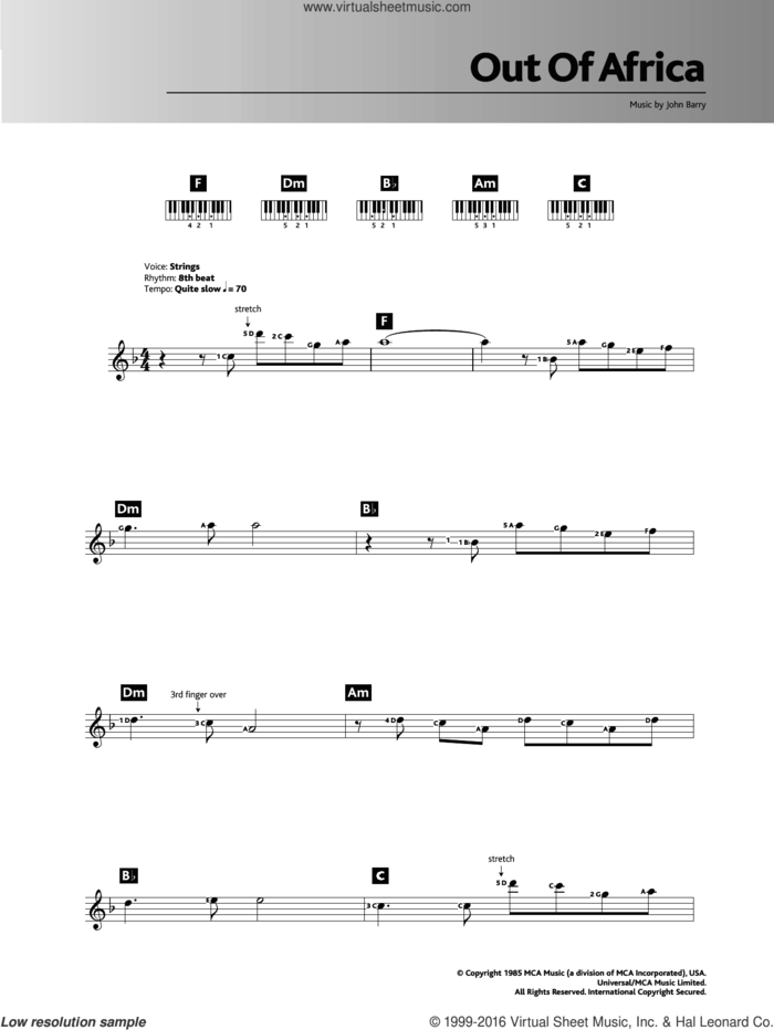 Out Of Africa (Love Theme) sheet music for piano solo (chords, lyrics, melody) by John Barry, intermediate piano (chords, lyrics, melody)