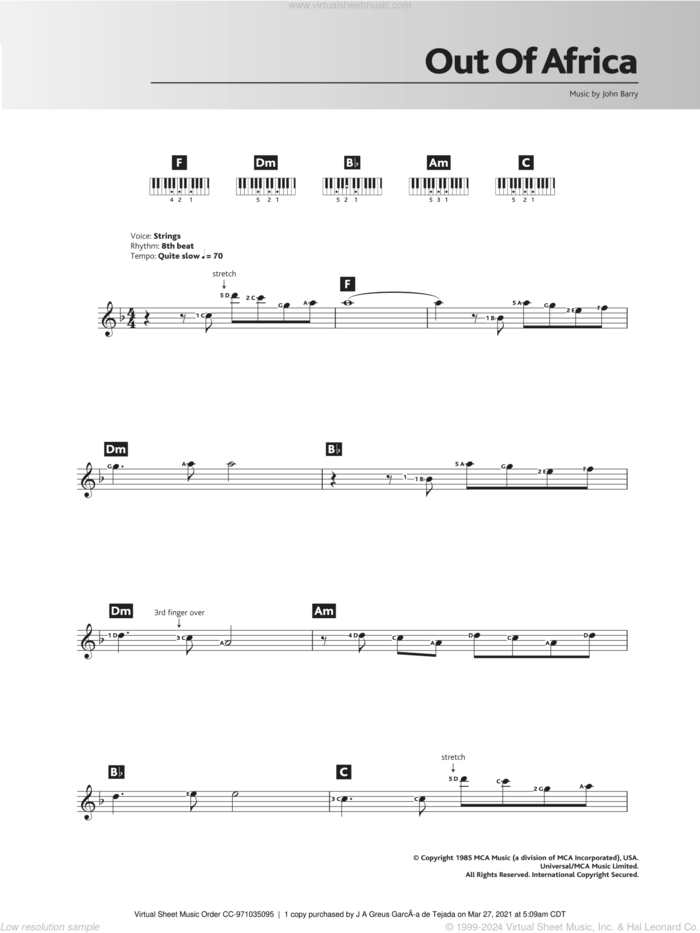 Out Of Africa (Love Theme) sheet music for piano solo (chords, lyrics, melody) by John Barry, intermediate piano (chords, lyrics, melody)