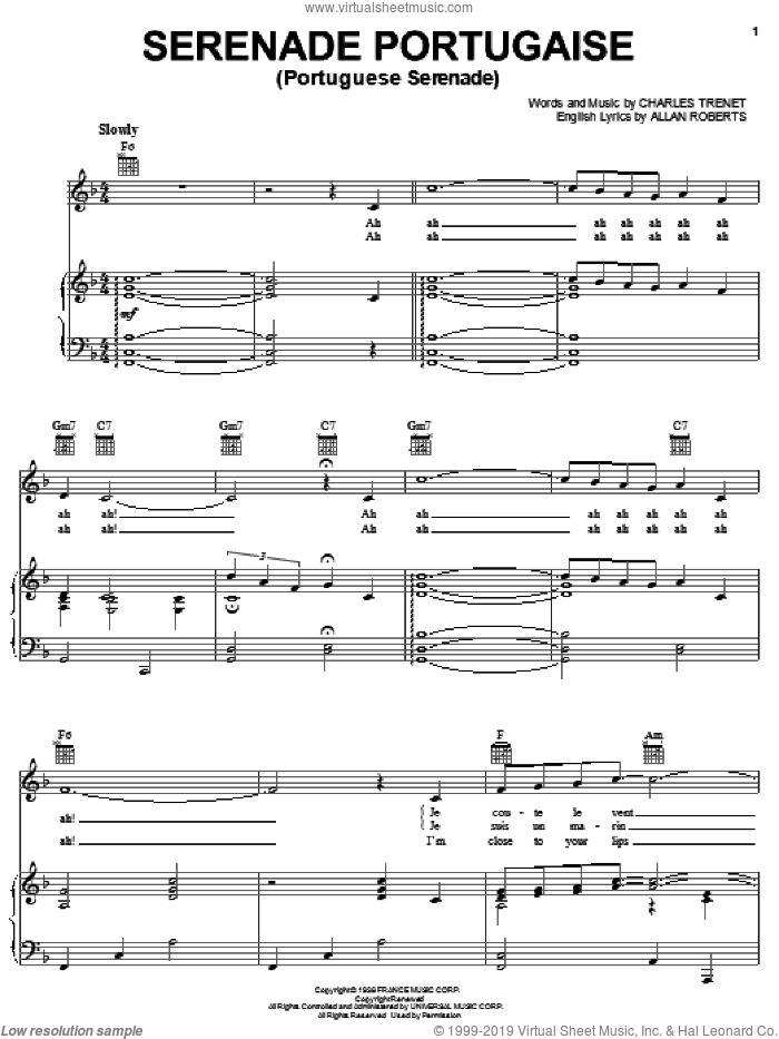 Serenade Portugaise sheet music for voice, piano or guitar by Charles Trenet, intermediate skill level