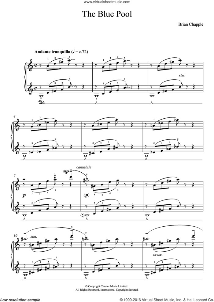 The Blue Pool sheet music for piano solo by Brian Chapple, classical score, intermediate skill level