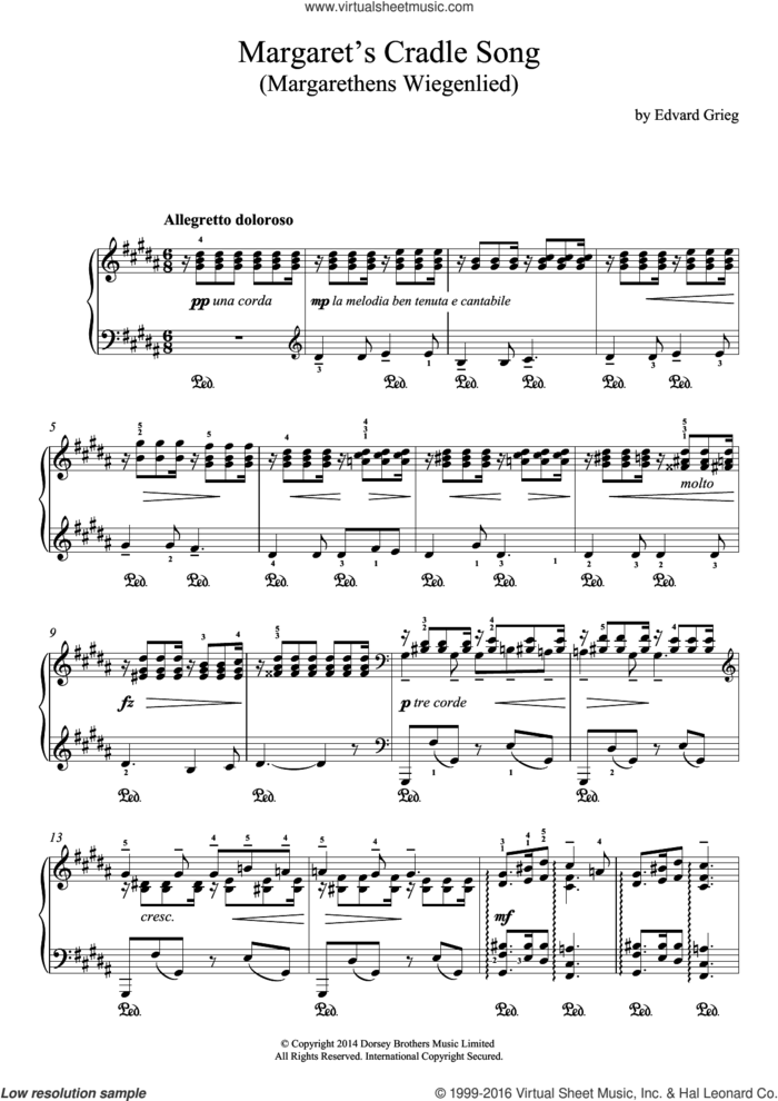 Margaret's Cradle Song (Margarethens Wiegenlied) sheet music for piano solo by Edvard Grieg, classical score, intermediate skill level