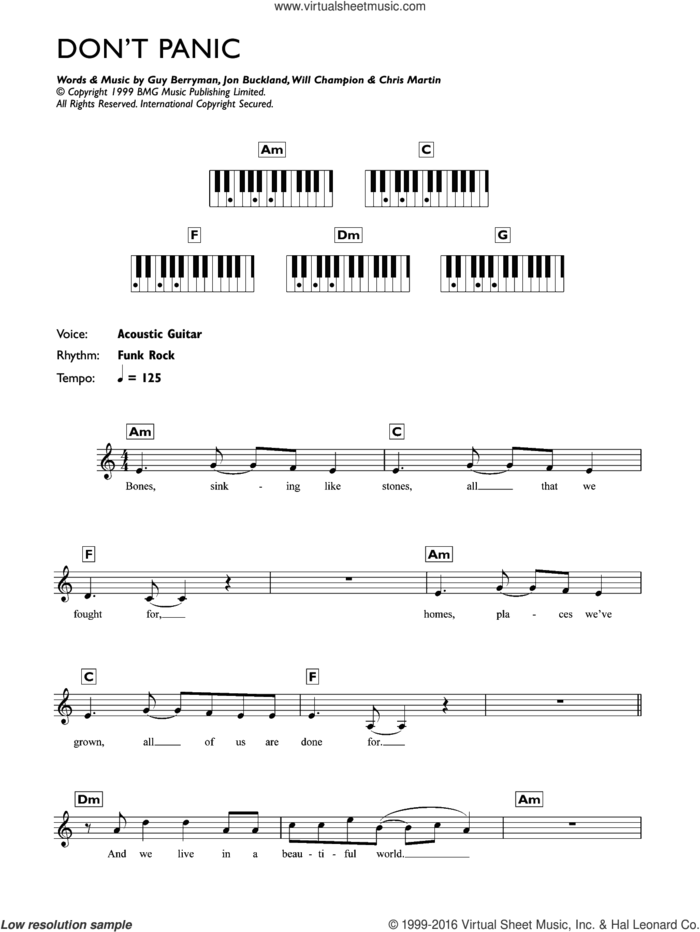 Don't Panic sheet music for piano solo (chords, lyrics, melody) by Coldplay, Chris Martin, Guy Berryman, Jon Buckland and Will Champion, intermediate piano (chords, lyrics, melody)