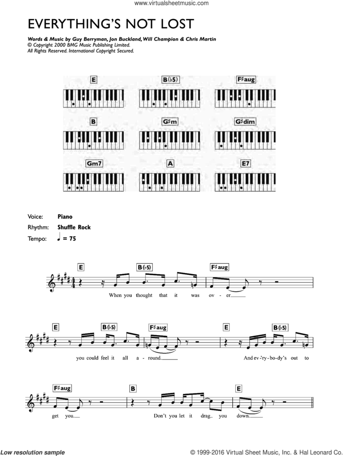 Everything's Not Lost sheet music for piano solo (chords, lyrics, melody) by Coldplay, Chris Martin, Guy Berryman, Jon Buckland and Will Champion, intermediate piano (chords, lyrics, melody)