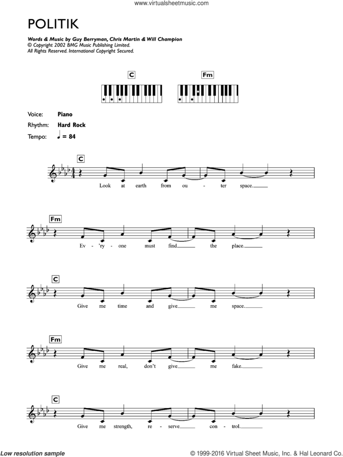 Politik sheet music for piano solo (chords, lyrics, melody) by Coldplay, Chris Martin, Guy Berryman, Jon Buckland and Will Champion, intermediate piano (chords, lyrics, melody)