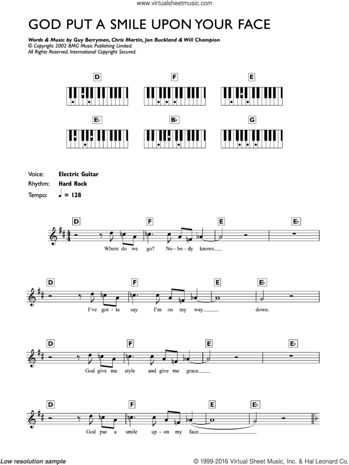 God Put A Smile Upon Your Face sheet music for piano solo (chords, lyrics, melody) by Coldplay, Chris Martin, Guy Berryman, Jon Buckland and Will Champion, intermediate piano (chords, lyrics, melody)