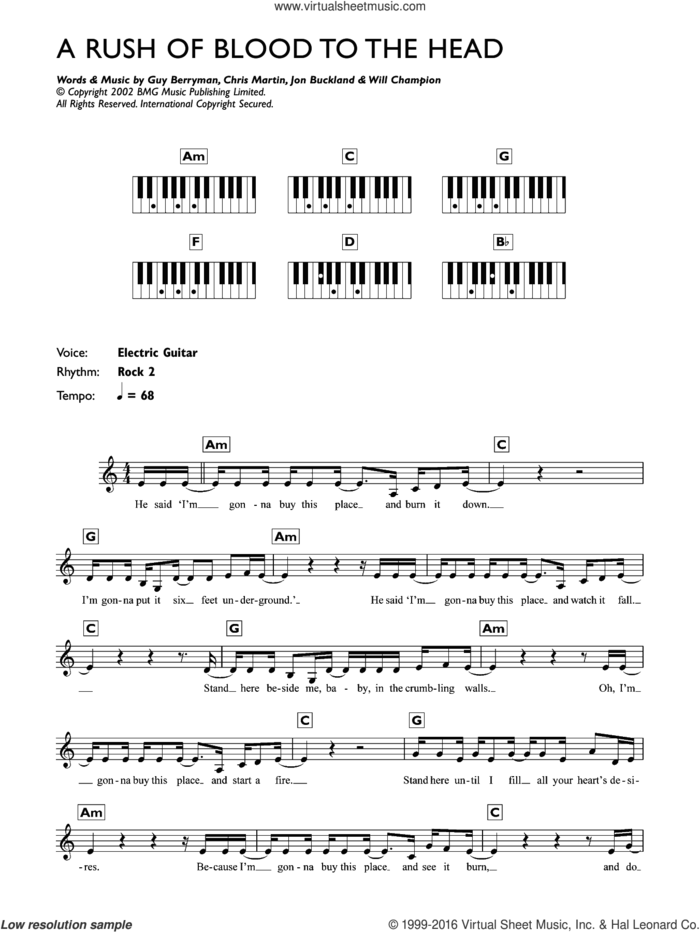 A Rush Of Blood To The Head sheet music for piano solo (chords, lyrics, melody) by Coldplay, Chris Martin, Guy Berryman, Jon Buckland and Will Champion, intermediate piano (chords, lyrics, melody)