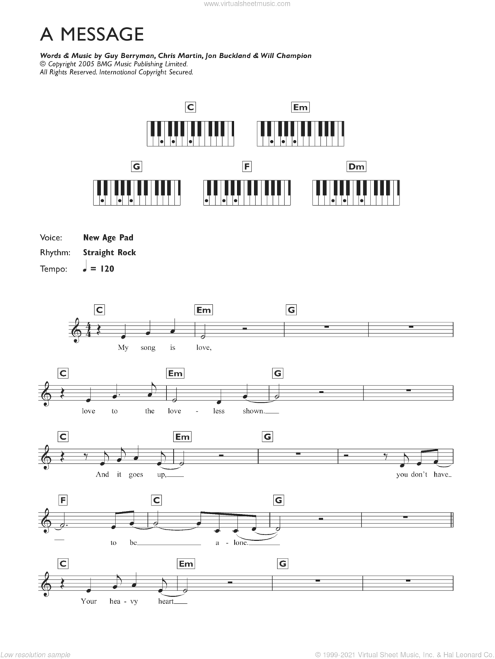 A Message sheet music for piano solo (chords, lyrics, melody) by Coldplay, Chris Martin, Guy Berryman, Jon Buckland and Will Champion, intermediate piano (chords, lyrics, melody)