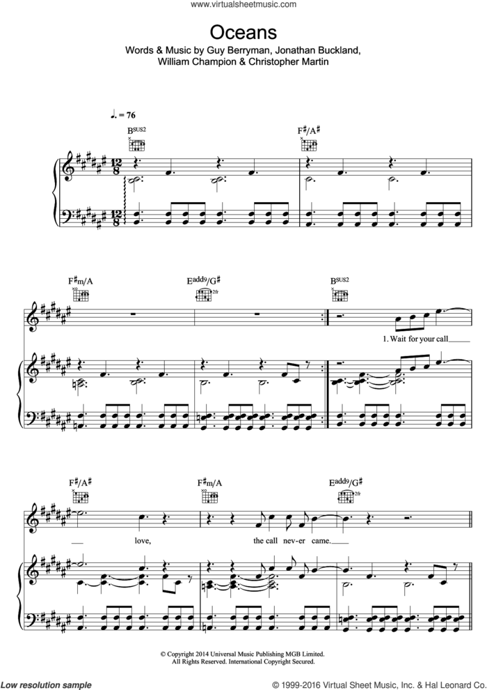 Oceans sheet music for voice, piano or guitar by Coldplay, Christopher Martin, Guy Berryman, Jonathan Buckland and William Champion, intermediate skill level
