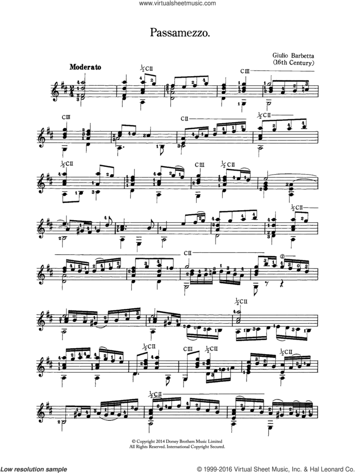 Passamezzo sheet music for guitar solo (chords) by Giulio Barbetta, classical score, easy guitar (chords)