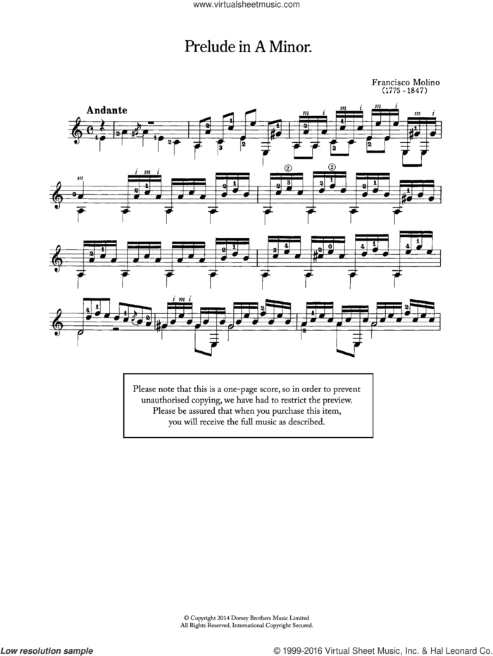 Prelude In A Minor sheet music for guitar solo (chords) by Francesco Molino, classical score, easy guitar (chords)