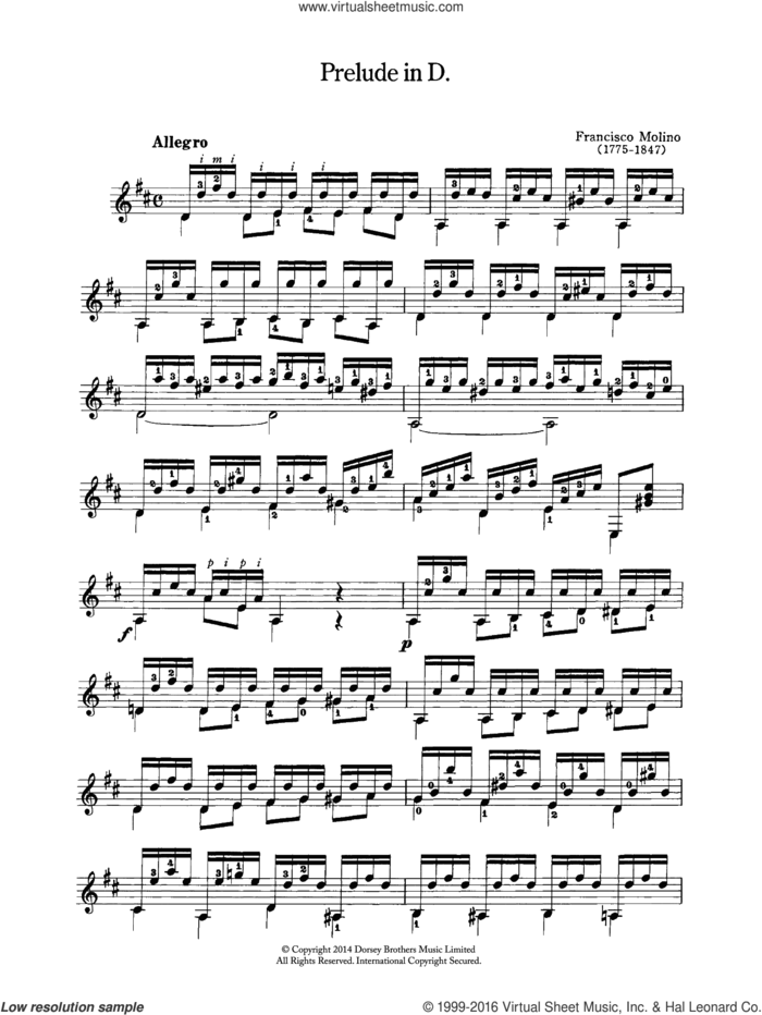 Prelude In D sheet music for guitar solo (chords) by Francesco Molino, classical score, easy guitar (chords)