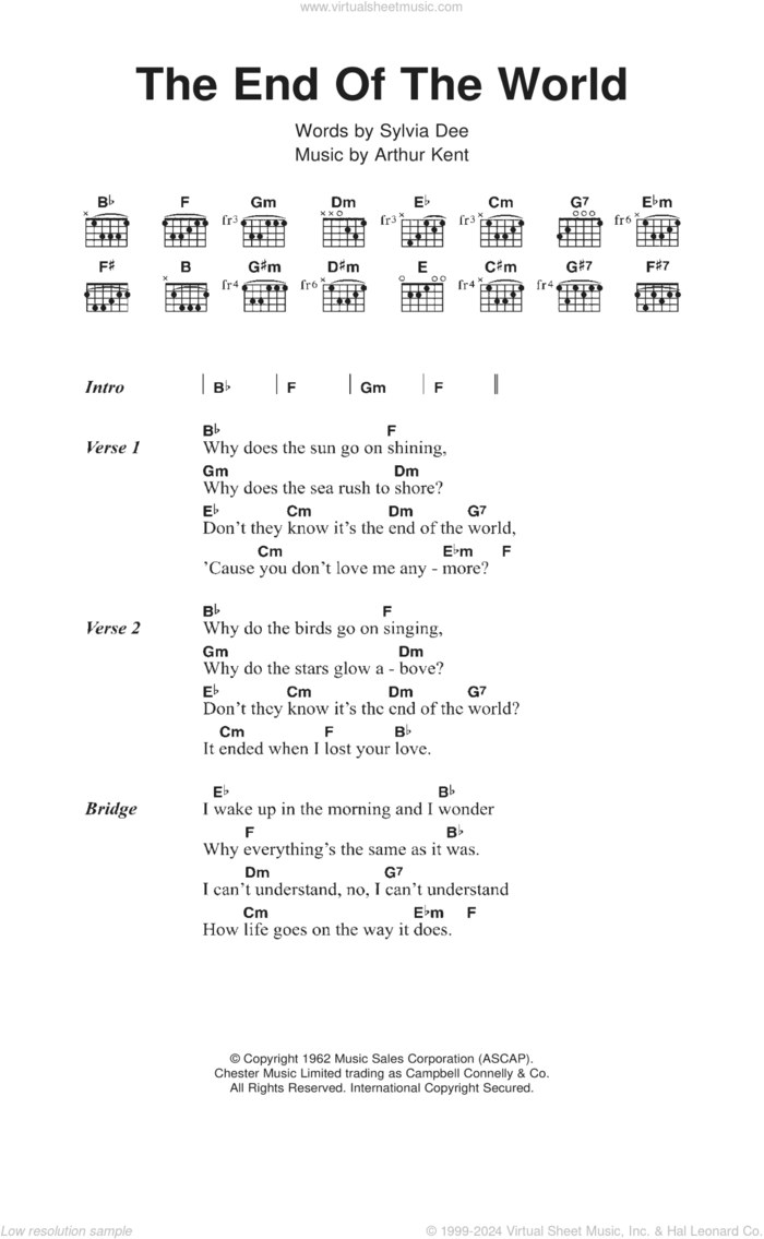 The End Of The World sheet music for guitar (chords) by Skeeter Davis, Susan Boyle, Arthur Kent and Sylvia Dee, intermediate skill level