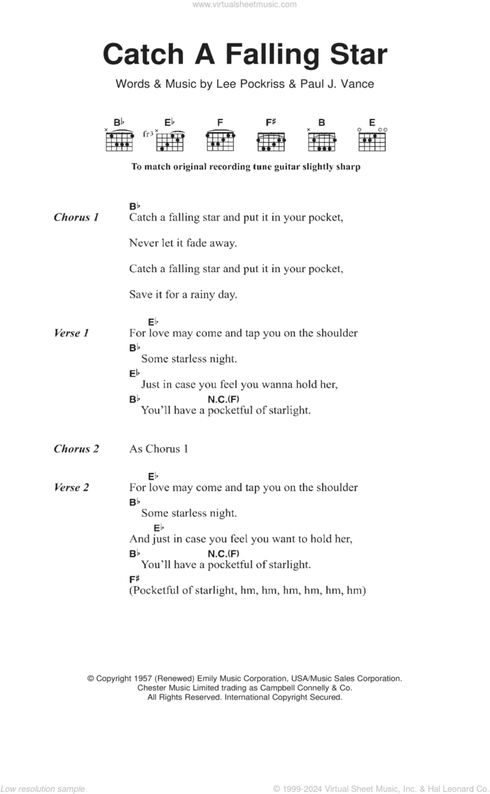 Catch A Falling Star sheet music for guitar (chords) by Perry Como, Lee Pockriss and Paul Vance, intermediate skill level