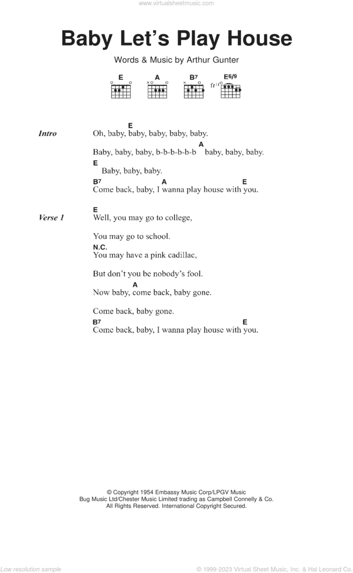 Baby Let's Play House sheet music for guitar (chords) by Elvis Presley and Arthur Gunter, intermediate skill level