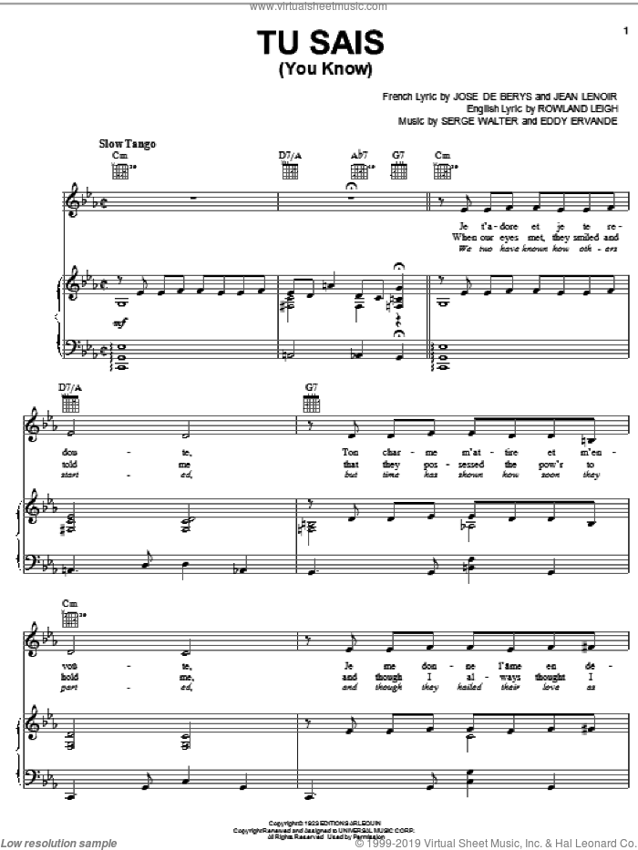 Tu Sais (You Know) sheet music for voice, piano or guitar by Rowland Leigh, Eddy Ervande, Jean Lenoir, Jose De Berys and Serge Walter, intermediate skill level