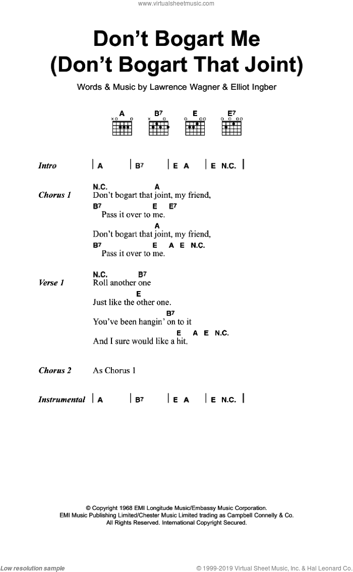 Don't Bogart Me sheet music for guitar (chords) by The Fraternity Of Man, Elliot Ingber and Lawrence Wagner, intermediate skill level