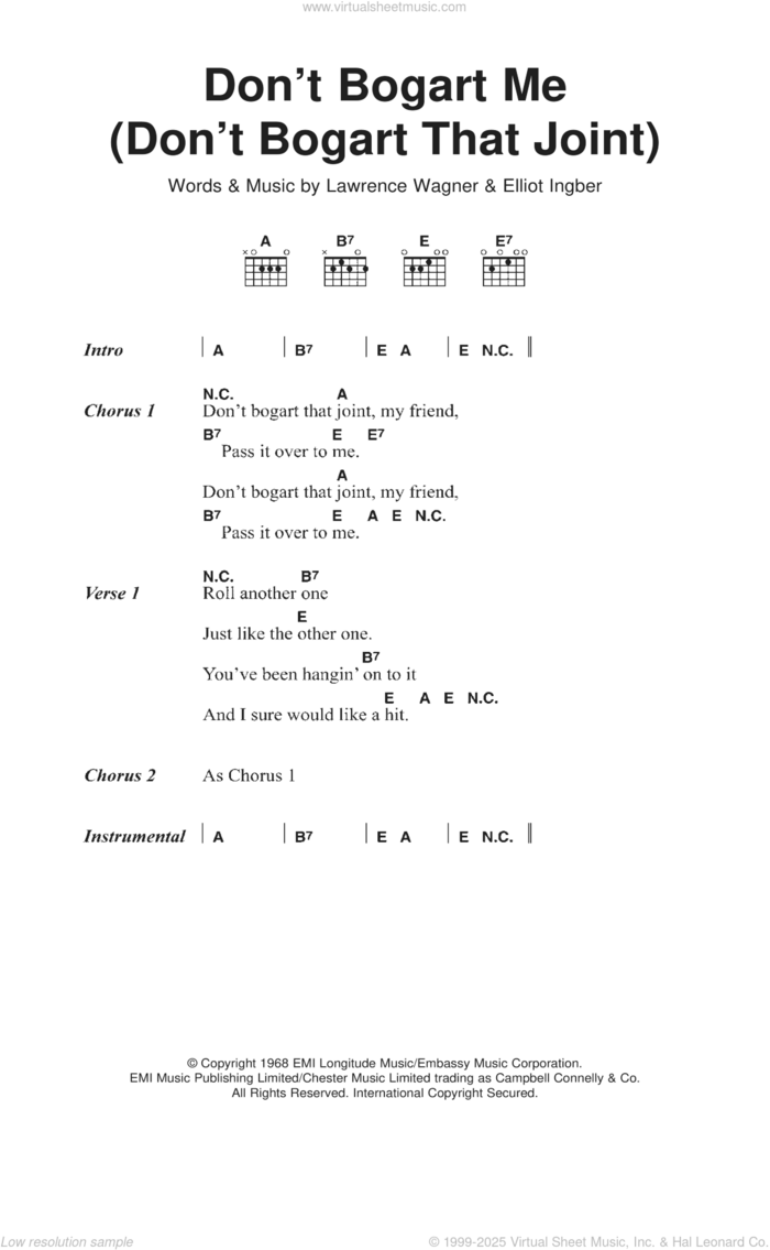 Don't Bogart Me sheet music for guitar (chords) by The Fraternity Of Man, Elliot Ingber and Lawrence Wagner, intermediate skill level