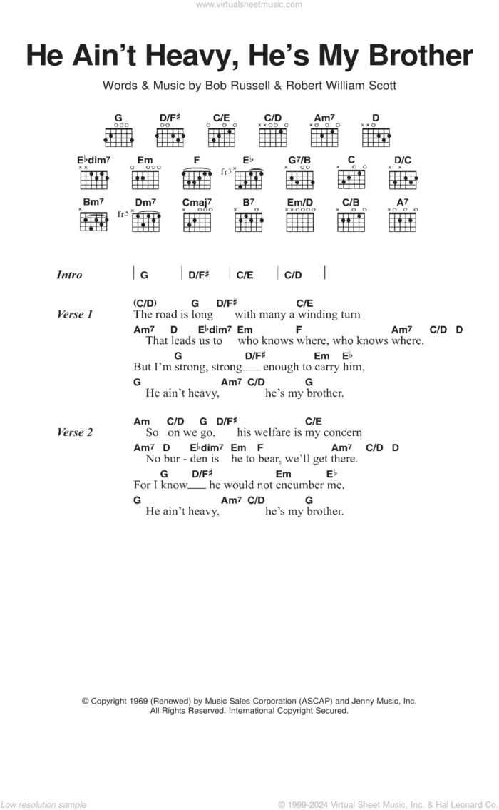 He Ain't Heavy, He's My Brother sheet music for guitar (chords) by The Hollies, Bob Russell and Bobby Scott, intermediate skill level