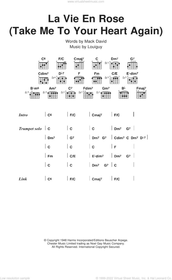 La Vie En Rose (Take Me To Your Heart Again) sheet music for guitar (chords) by Louis Armstrong, Marcel Louiguy and Mack David, wedding score, intermediate skill level