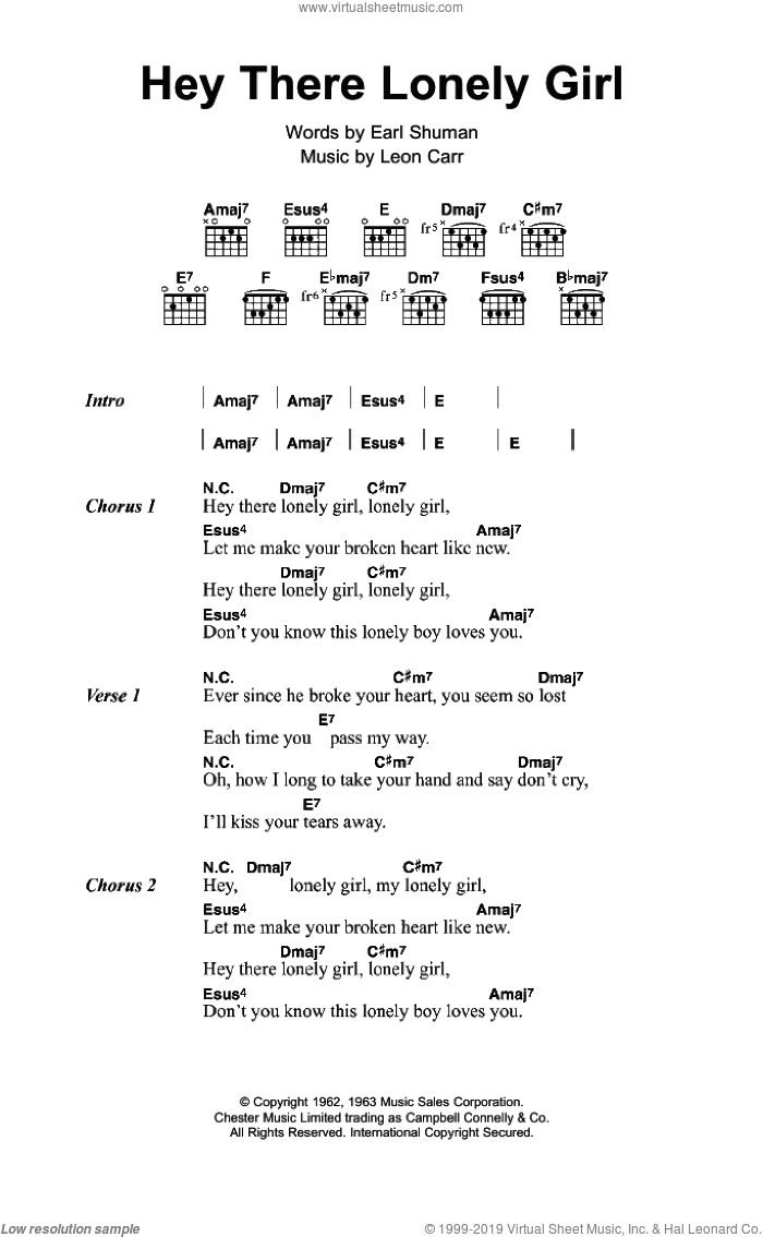 Hey There, Lonely Girl sheet music for guitar (chords) by Eddie Holman, Leon Carr and Earl Shuman, intermediate skill level