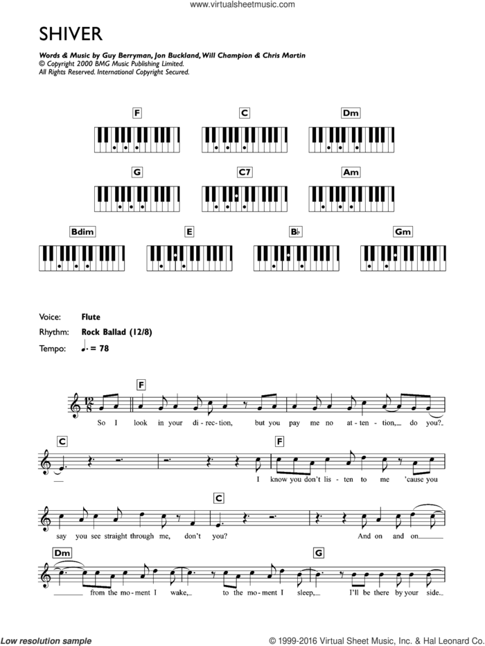 Shiver sheet music for piano solo (chords, lyrics, melody) by Coldplay, Chris Martin, Guy Berryman, Jon Buckland and Will Champion, intermediate piano (chords, lyrics, melody)