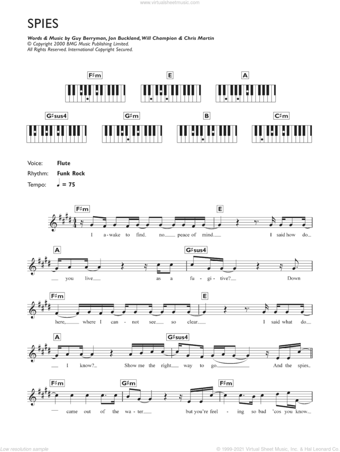 Spies sheet music for piano solo (chords, lyrics, melody) by Coldplay, Chris Martin, Guy Berryman, Jon Buckland and Will Champion, intermediate piano (chords, lyrics, melody)