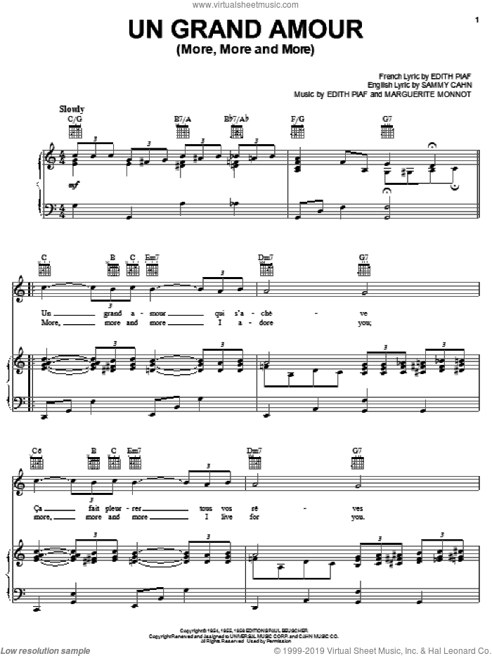 Un Grand Amour (More, More and More) sheet music for voice, piano or guitar by Edith Piaf, Marguerite Monnot and Sammy Cahn, intermediate skill level