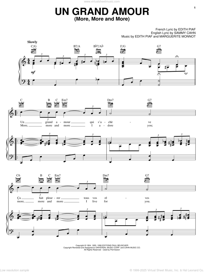 Un Grand Amour (More, More and More) sheet music for voice, piano or guitar by Edith Piaf, Marguerite Monnot and Sammy Cahn, intermediate skill level