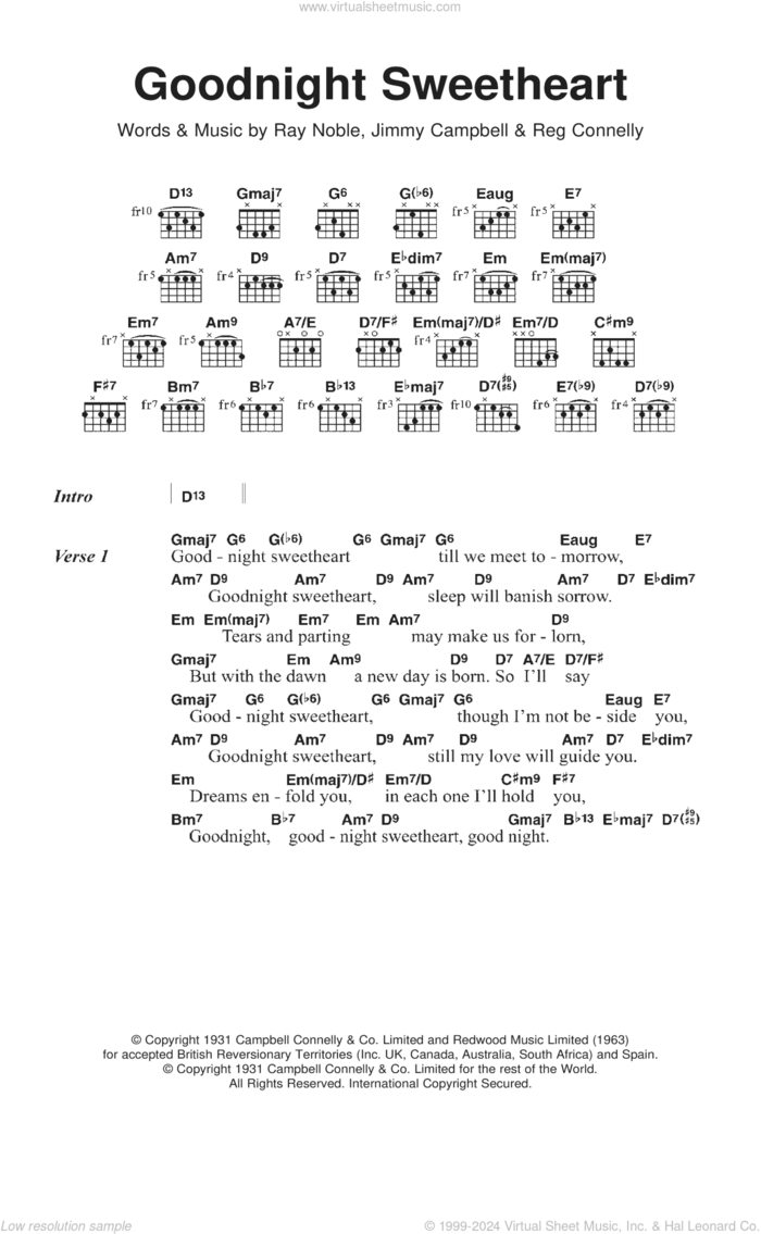 Goodnight Sweetheart sheet music for guitar (chords) by Sarah Vaughan, Calvin Carter and James Hudson, intermediate skill level