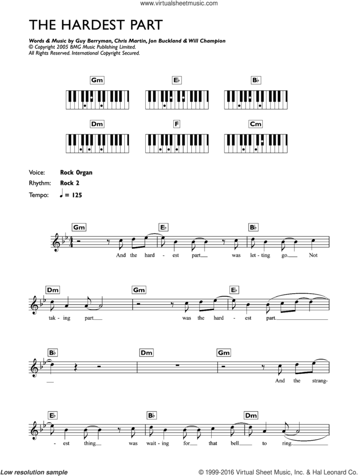 The Hardest Part sheet music for piano solo (chords, lyrics, melody) by Coldplay, Chris Martin, Guy Berryman, Jon Buckland and Will Champion, intermediate piano (chords, lyrics, melody)
